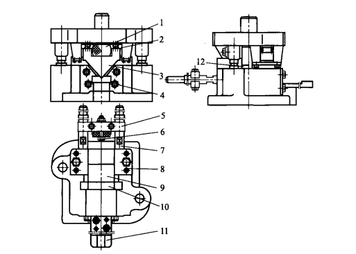 Angle cutting die1-Rubber; 2-Spring; 3-Upper platen; 4-Lower cutting knife pressing screw; 5-Bracket; 6-Locating screw; 7-Support column; 8-Press plate; 9-Lower press plate; 10-Lower cutting knife; 11-Bracket; 12-Upper cutting knife