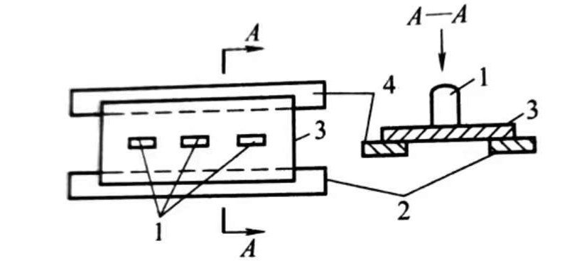 Cắt vật liệu hẹp bằng thiết bị áp suất pad1; 2-thép tấm cắt xén; 3-tấm ép; 4 tấm nền