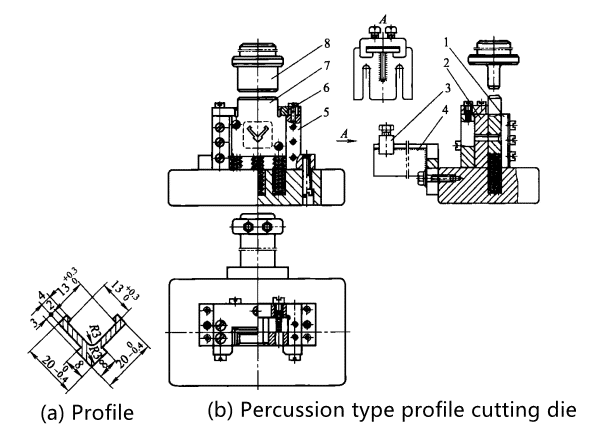 Profile and its cutting die1 - Platen; 2 - Fixed blade; 3 - Positioning clip; 4 - Support5-Frame; 6-Cover; 7-Active blade; 8-Die handle