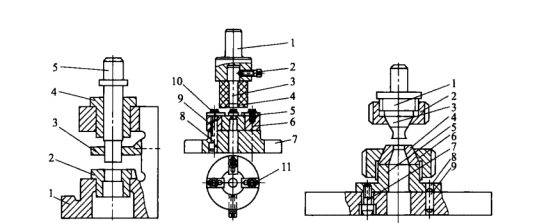 (a)C punching die (b) General punching die (c) General punching die
  (a): 1-Die base; 2-Concave die;3-Discharge plate;4-Guide bush; 5-Convex die
(b):  1-Die shank; 2,9-Screw;3-Convex die; 4-Discharge rubber;5-Positioning plate;
6-Concave die sleeve;7-Die holder; 8-Pin;10-Concave die; 11-Adjusting screw  
(c):  1-Die shank;2-Upper fastening taper sleeve;3-Convex die; 4-Concave die;
5-Concave die sleeve;6-Lower fastening taper sleeve;7-Screws; 8-Base; 9-Pin

Structure of universal blanking die     