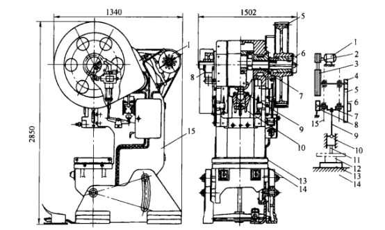 JB23-63 crank press structure and principle of motion
1-Motor; 2-Pinion pulley; 3-Large pulley; 4-Pinion gear; 5-Large gear; 6-Clutch.
7-Crankshaft; 8-Brake; 9-Linkage; 10-Slider; 11-Upper die; 12-Lower die
13-Pad; 14-Table; 15-Body